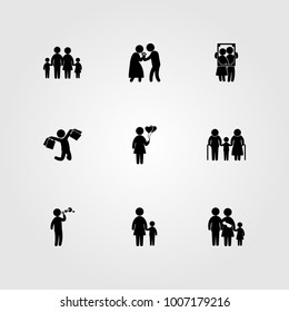 Humans icon set vector. woman with balloons, man giving flowers, girl and family