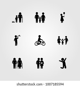 Humans icon set vector. woman with ballon, grandson, woman and daddy