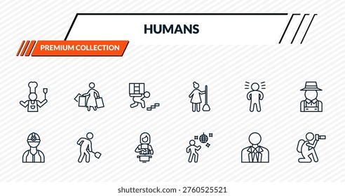 humans icons set - kitchen chef, housewife shopping, carrying on back, public work, nature photographer outline vector collection.