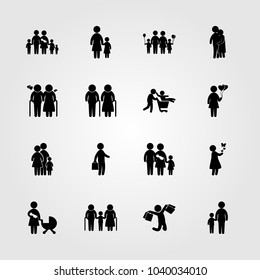 Humans icons set. Vector illustration girl with butterflies, big family, family and grandfather
