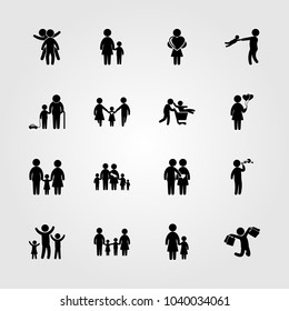 Humans icons set. Vector illustration man with bags, children, daddy and two childs playing
