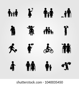 Humans icons set. Vector illustration grandfather, two childs playing, family and old woman