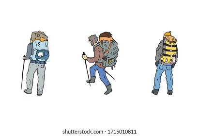 Humanos en aventura explorando montañas y otra belleza natural, ilustraciones de arte coloreadas a mano. Gente haciendo senderismo con mochila recorriendo el bosque en un equipo , decorando el conjunto de dibujo.