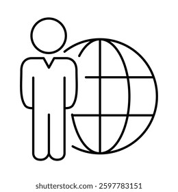 Humans On Globe Line Icon. Teamwork, Business, Planning, Strategy, Marketing, Leadership, Work Group, Meeting, Partnership Icons Editable Stroke Vector Illustration