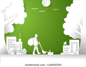 humans overflow trash in the forest near the city, paper art. modern design. vector