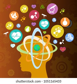 Humans profile with Earth inside atom model in head and scientific icons related to Physics with Astronomy, Chemistry and Biology vector illustration.