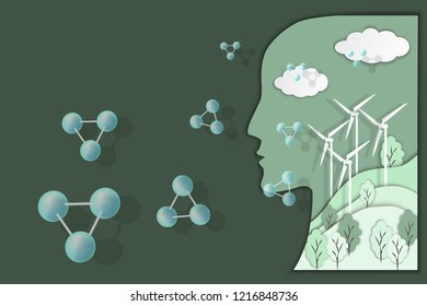 Humans protect nature, ways to save ecology with alternative energy, wind energy and man, human head silhouette on green background, molecules on foreground,  sustainable energy for future, vector