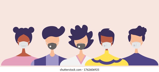 Humans with protective masks flat vector illustrations set. Group of humans wearing medical masks to prevent disease, flu, air pollution, contaminated air, world pollution