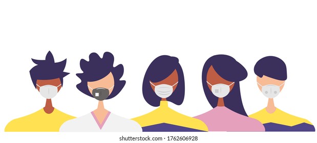 Humans with protective masks flat vector illustrations set. Group of humans wearing medical masks to prevent disease, flu, air pollution, contaminated air, world pollution