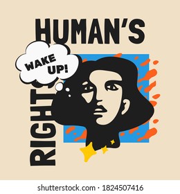 Humans Rights pop style poster template with female face, dialogue bubble over old paper colored background. Modern vector pop-art concept.