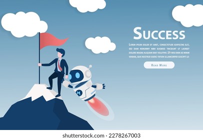 Humans and robots are climbing together. Work together to reach the top. The robot is supporting and helping the man. Flat vector illustration.