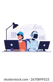 Humans and robots collaborating on a project together in a modern office environment