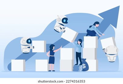 Humans and robots work together to build a box to the top. It is more common in industries such as manufacturing, construction and logistics. Flat vector illustration.