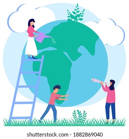 Humans Save the Environment Planet earth turns green. Nature Globe Ecology Protects Flat Cartoon Vector Illustration Concept. Earth Day Commemoration.