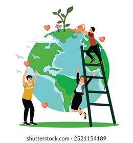 Humans save planet Earth. World Environment Day background. Earth Day concept. Flat vector illustration.