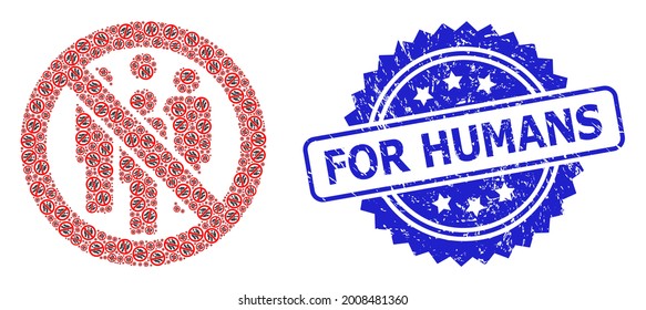 Für den Menschen kratzte Stempel und Vektorfraktal Mosaik verboten Menge. Das blaue Siegel enthält den Titel For Humans in Rosette. Vektormosaik wird aus vereinzelten rotierten, verbotenen Menschenmengen-Piktogrammen gemacht.