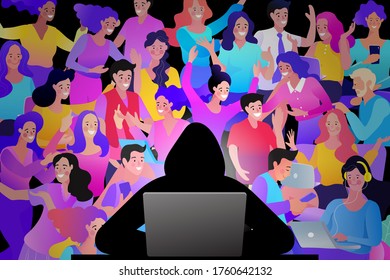 Humans in a separate hood on many people's pictures as a background. Hacker at laptop icon. Flat illustration of hacker at laptop vector.