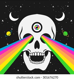 A human's skull with rainbow rays from eyes on a starry cosmic space background in pop art style