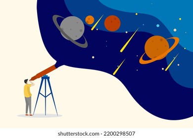 Los seres humanos estudian galaxias a través de telescopios. ver meteoros y constelaciones de estrellas. Ilustración vectorial plana para el horóscopo, astronomía, descubrimiento, concepto astrológico