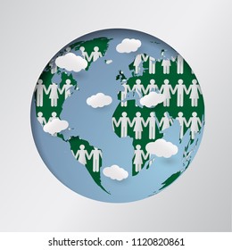 humans touch hand in world map. World Population Day, Ecology and Earth day concept.sun.cloud.Vector illustration,paper cut,digital craft