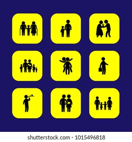 Humans vector icon set. couple in love, man giving flowers, two childs playing and mother