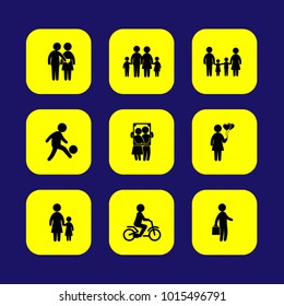 Humans vector icon set. football player, girl, child riding bike and woman with balloons
