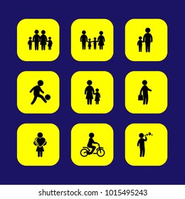 Humans vector icon set. girl, child riding bike, boy and football player
