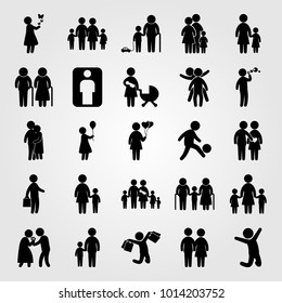 Humans vector icon set. man giving flowers, childen, father and mother and son