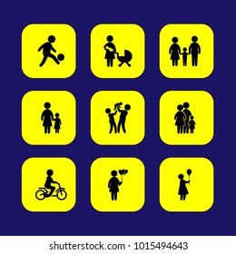 Humans vector icon set. mother with baby, child riding bike, woman with balloons and football player