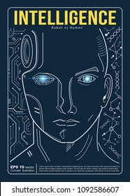 Humans vs Robots. AI artificial intelligence and human intelligence Concept business disruptive illustration. Vector flat design to poster.