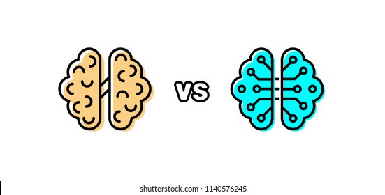 Humans vs Robots. AI artificial intelligence and human intelligence. Human anatomical brain with electronics technology elements.