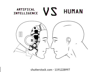 Humans Vs Robots. AI Artificial Intelligence Versus Human Intelligence. Face To Face, Duel Of Views. Vector Illustration Cartoon, Clip Art, Sketch 