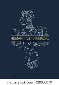 Humans Vs Robots. AI Artificial Intelligence And Human Intelligence Concept Business Illustration. Vector Flat Design To Poster.