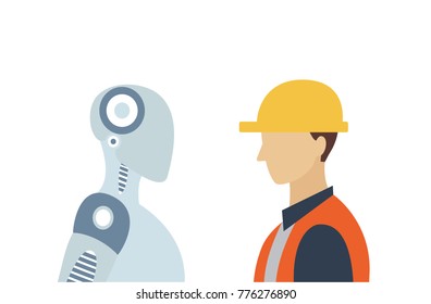 Humans vs Robots. A worker vs a robot. Futuristic business illustration. Robotic automation future concept. Artificial intelligence. Vector flat design of a man and a cyborg