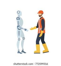 Humans vs Robots. Worker standing with a robot and giving his hand. Futuristic business illustration. Robotic automation future concept. Artificial intelligence. Vector flat design: man and cyborg