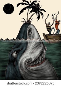 Humans who are falling prey to sharks. for illustration, cover, poster, magazine