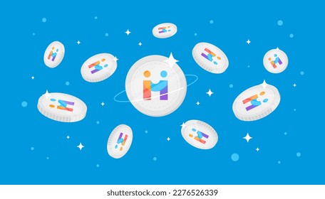 Humanscape coins falling from the sky. HUM cryptocurrency concept banner background.