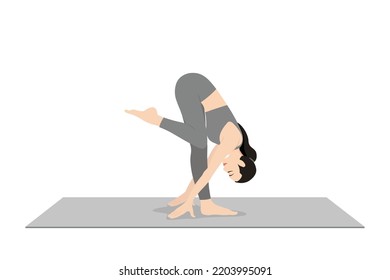 Humble Flamingo Pose. Beautiful girl practice Humble Flamingo Pose. Young attractive woman practicing yoga exercise. working out, black wearing sportswear, grey pants and top, indoor full length