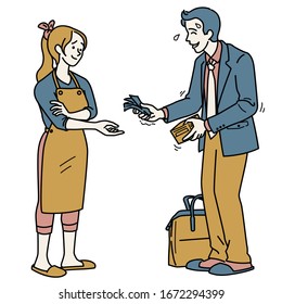 Humble husband give money and his income to his wife after get back from work. Outline, linear, thin line art, hand drawn sketch design, simple style.