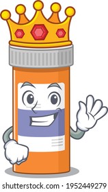 A humble King of pills drug bottle caricature design style with gold crown. Vector illustration