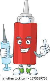 A humble Nurse sauce bottle Cartoon character holding syringe. Vector illustration