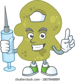 A humble Nurse verrucomicrobia Cartoon character holding syringe. Vector illustration