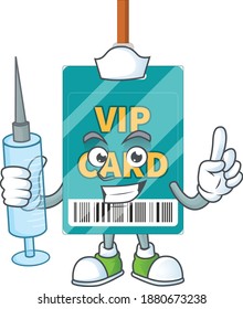 A humble Nurse VIP pass card Cartoon character holding syringe. Vector illustration