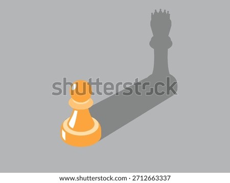 A humble pawn casts a long, aspirational shadow of a powerful queen, symbolizing potential, ambition, growth, and achieving high goals against all odds in strategy and business isometric 3d vector