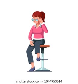 Humble red haired woman looking over glasses sitting on bar stool flirting with viewer. Flat style isolated vector character illustration