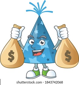 A humble rich blue party hat caricature character design with money bags. Vector illustration