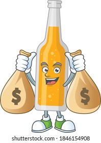 A humble rich bottle of beer caricature character design with money bags. Vector illustration
