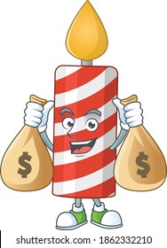 A humble rich candle caricature character design with money bags. Vector illustration