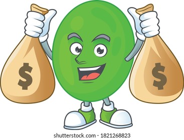 A humble rich cocci caricature character design with money bags. Vector illustration