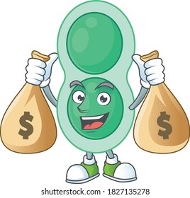 A humble rich green streptococcus pneumoniae caricature character design with money bags. Vector illustration